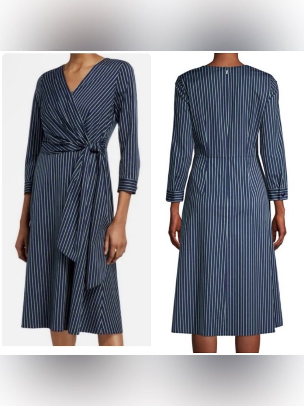 LAFAYETTE 148 NEW YORK Penelope Series Striped Faux-Wrap Dress Navy Size 14